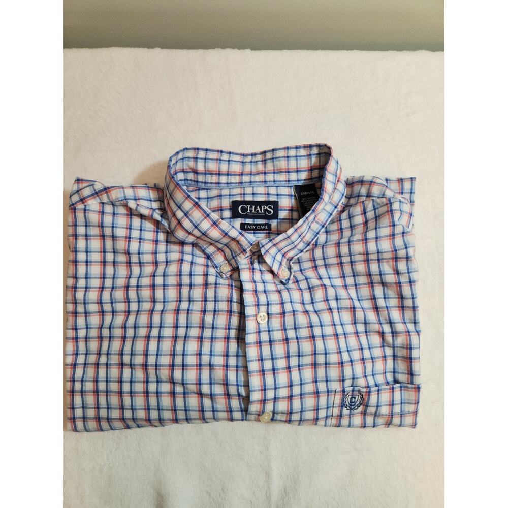 Chaps Shirt Mens 2XB 2XL Big Blue Plaid Short Sleeve Preppy Academia Summer